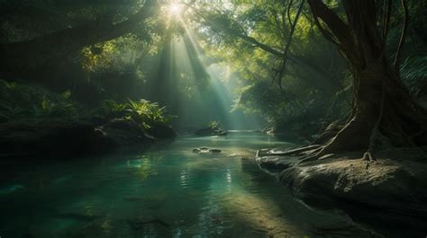 Un bosque con rayos de sol brillando a través de los árboles Foto