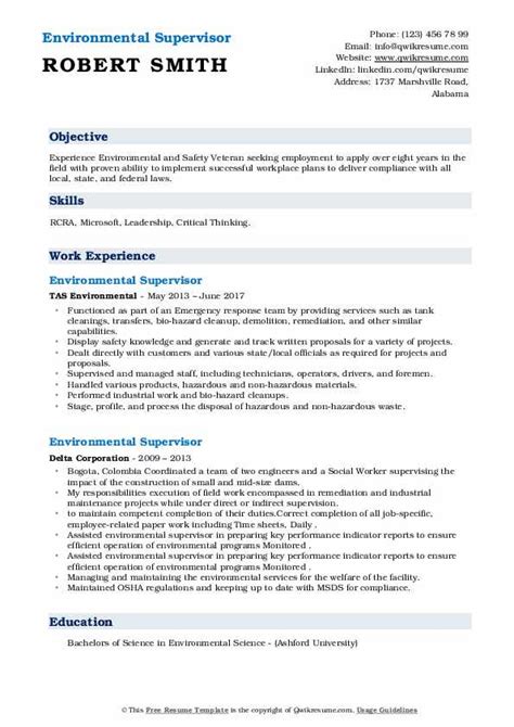 Environmental Supervisor Resume Samples Qwikresume