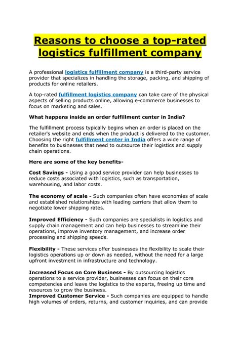 Ppt Reasons To Choose A Top Rated Logistics Fulfillment Company