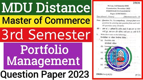 Mdu M Distance Portfolio Management 3rd Semester Question Paper 2023 Portfolio Management