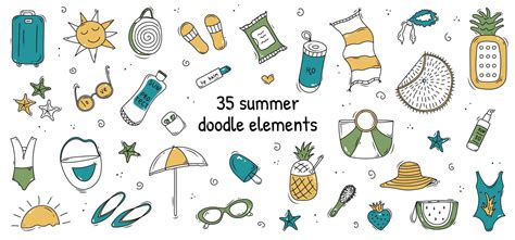 Doodle Set Of Cute Vector Summer Elements Bikini Luggage Slates Beach Towel Water Umbrella