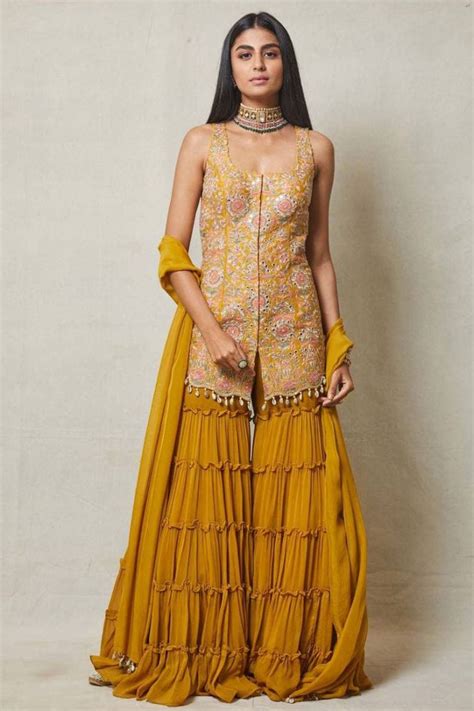 Haldi Special Mustard Yellow Real Mirror Work Sharara Suit