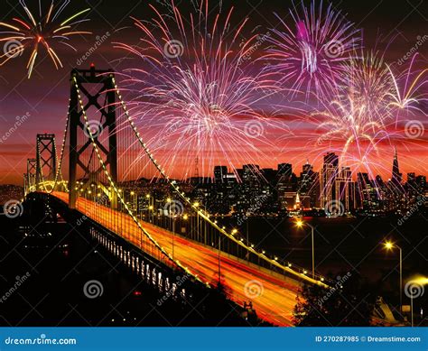 San Francisco Bay Bridge at Night with Fireworks Stock Image - Image of ...