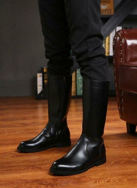 Men Black Leather Knee High Riding Boots Round Toe Side Zipper Combat