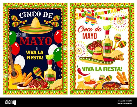 Mexican Cinco De Mayo Holiday Greeting Banner Fiesta Party Sombrero Pepper And Maracas