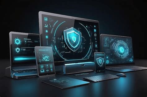 antivirus interface  modern tech devices  dark background