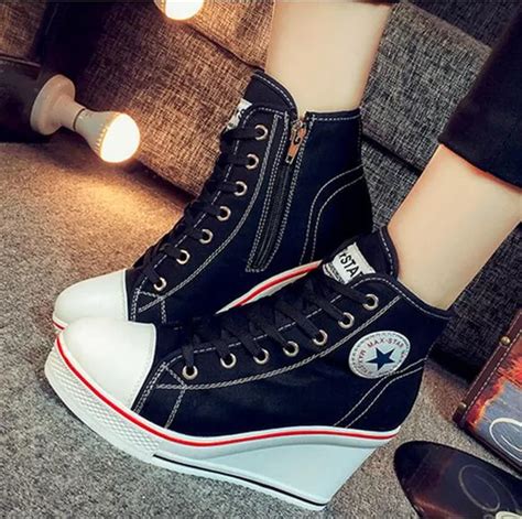 Women Sneakers Canvas Wedges Platform Shoes Woman Hidden Heel High Top Snickers Casual Shoe For