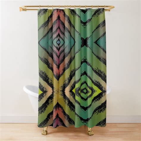 A Colorful Shower Curtain With An Abstract Design On The Front And Back