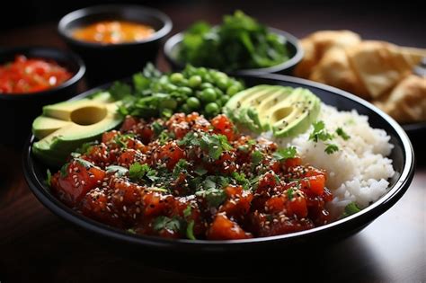 Premium AI Image | Hawaiian Ahi Poke Asian Avocado Bowl Dining