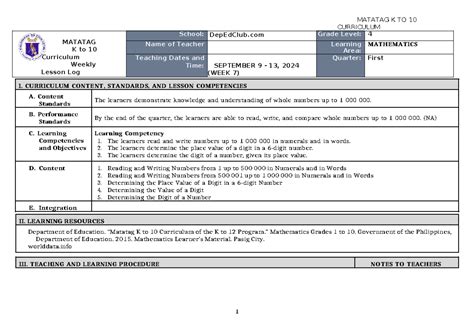 DLL Matatag MATH 4 Q1 W7 Daily Lesson Log CURRICULUM MATATAG K To