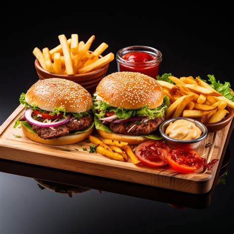 Burgers On A Wood Tray With French Fries Beef And Chicken Photo