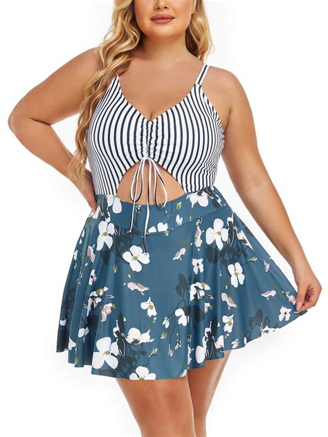 Summer Mae Women Plus Size One Piece Swimsuits With Skirt V Neck Floral