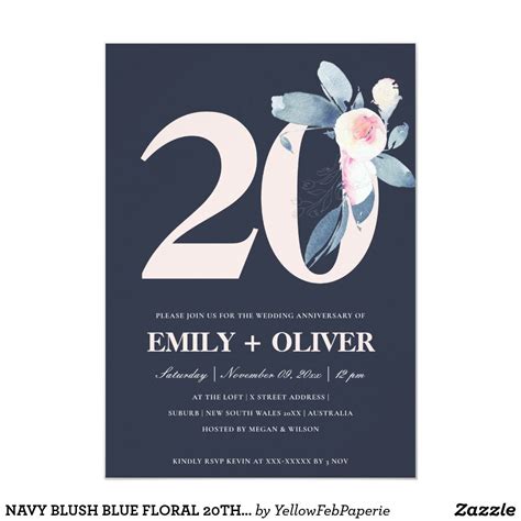 Navy Blush Blue Floral 20th Any Year Anniversary Invitation