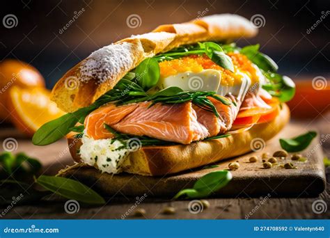 Sandwich With Meat Cheese And Vegetables On Wooden Board With Bread