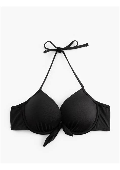 Koton Boyundan Bağlamalı Fiyonklu Dolgulu Balenli Push Up Bikini Üstü Siyah sak mm Siyah