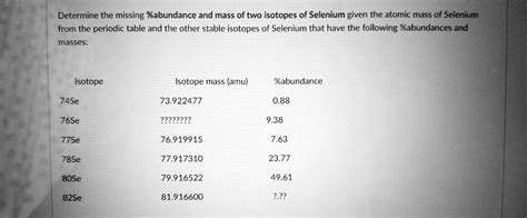 SOLVED:Determine the missing %abundance and mass of two isotopes of Selenium given the atomic ...