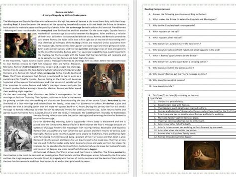 Romeo And Juliet The Story Reading Comprehension Vocabulary