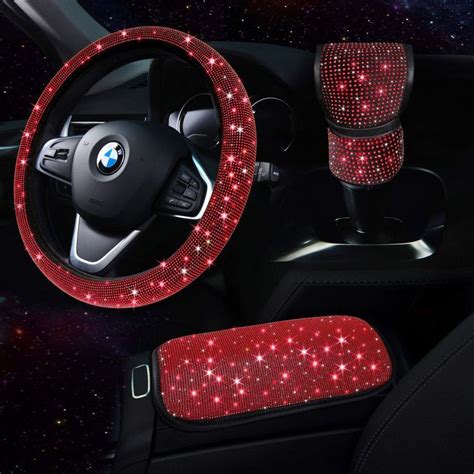 TZARROT Red Bling Car Accessories Set for Women, Bling Steering Wheel ...