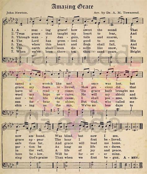 Amazing Grace Printable Sheet Music Hymn Art Paper Etsy