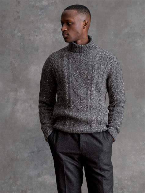 Grey Italian Wool Cashmere Aran Turtleneck Sweater By Proper Cloth