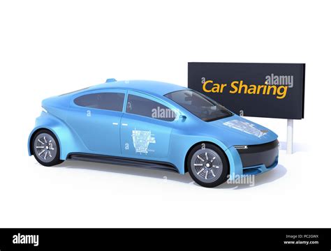 Side view of metallic blue electric car and car sharing billboard on ...