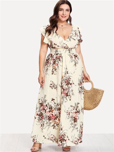 Flounce Trim Shirred Waist Floral Dress Sheinsheinside Vestidos Plus Size Plus Size Dresses