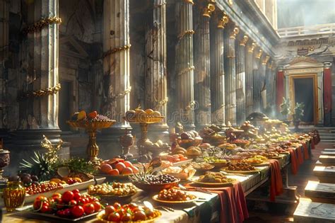 Low Angle View Of An Ancient Roman Feast Lavishly Decorated Banquet