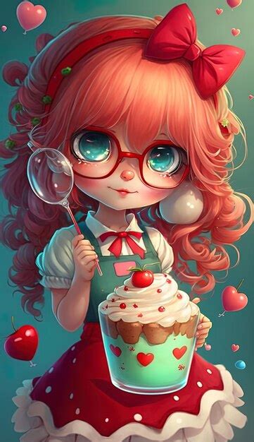 Premium Photo A Girl With Glasses And A Cupcake With A Spoon In Her Hand