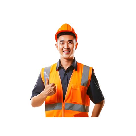 Ai Generated Asian Man In Orange Vest And Safety Vest Holding A Thumbs