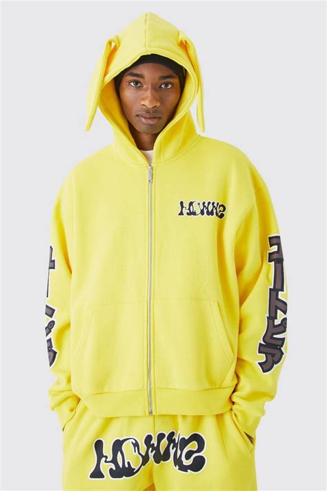 Oversized Boxy Homme Zip Through Ear Hoodie Boohoo Uk