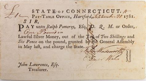 Revolutionary War Connecticut 1781 Payment 1 Pound Us Paper Money