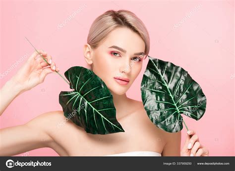 Naked Girl Pink Makeup Isolated Pink Green Leaves Stock Photo By