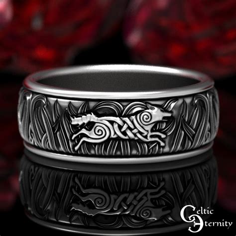 Mens Sterling Wolf Ring Silver Wolf Wedding Band Celtic Wolf Wedding