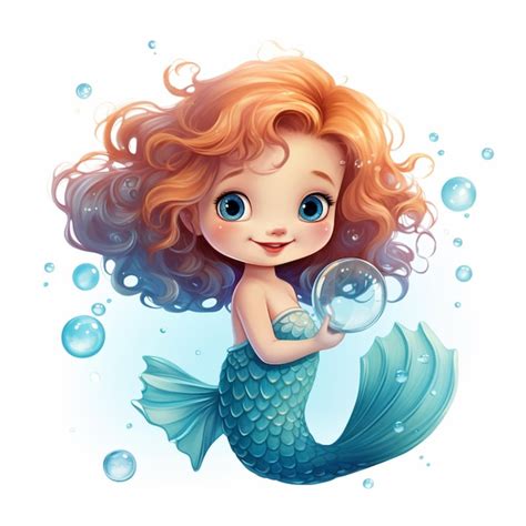 Premium AI Image Cartoon Mermaid With Red Hair And Blue Eyes Holding