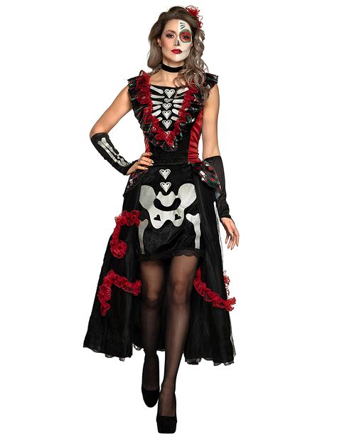 Día de los Muertos Kostüm für Damen Halloweenkostüm schwarz rot