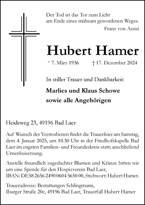 Traueranzeigen Von Hubert Hamer Noz Trauerportal