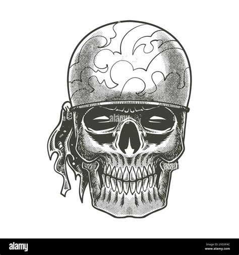 Skull Head With Bandana Hand Drawn Doodle Vintage Drawing In Black