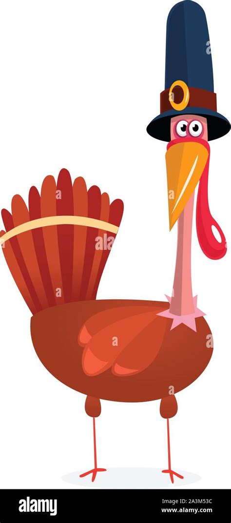 Cartoon Illustration Of A Turkey Happily Dancing Wearing A Pilgrim Hat