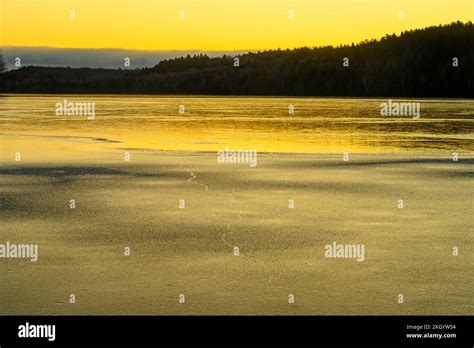 Frozen Simon Lake At Sunset Greater Sudbury Ontario Canada Stock