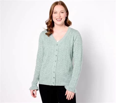 Denim Co Pointelle Button Front V Neck Sweater Cardigan QVC