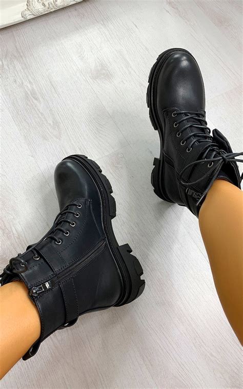 Chrissy Lace Up Biker Boots In Black Pu Ikrush