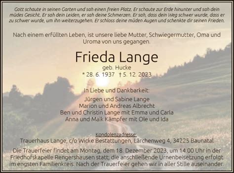 Traueranzeigen Von Frieda Lange Trauer Hna De