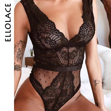 Ellolace Summer Lace Bodysuit Women Embroidery Transparent Deep V Neck