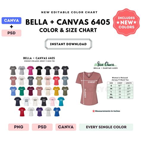 Bella Canvas 6405 Color Size Chart EDITABLE Canva Template 6405 Jersey