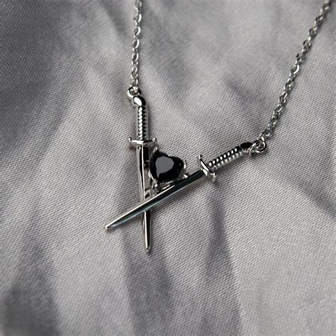 Two Of Swords Necklace Crossed Swords Black Onyx Heart Protection