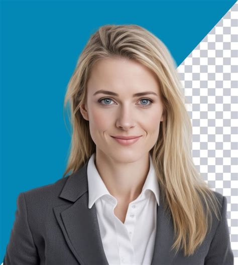 Premium PSD A Woman In A Suit With A Blue Background That Says She Is