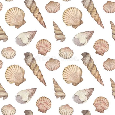 Watercolor Seamless Pattern With Vintage Seashells Isolated On White