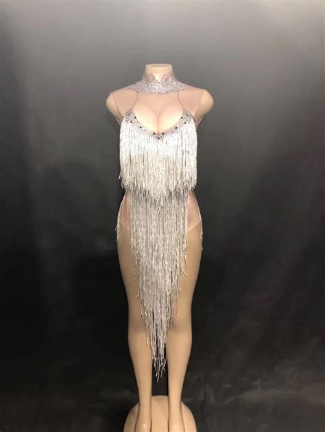 Women New Sexy Long Silver Tassel Bodysuit Performance Sparkling Rhinestone Jumpsuit Nightclub