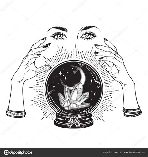 Hand Drawn Magic Crystal Ball Gems Crescent Moon Hands Fortune Stock