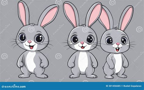 Three Cartoon Bunnies With Big Eyes And Pink Ears Stock Illustration